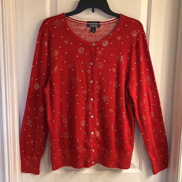 ❌ SOLD ❌Lands End ❄️ Red Cardigan w Gold Snowflakes - Picture 5 of 5